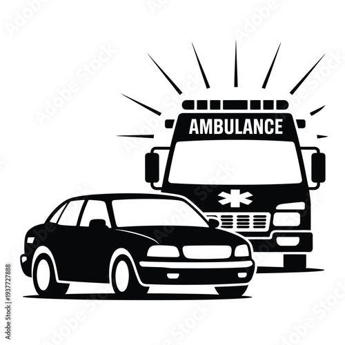 Ambulance and car in black and white emergency vehicle
