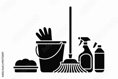 Black and white cleaning supplies bucket broom