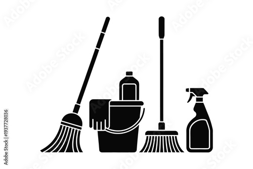 Black and white cleaning tools and supplies set broom