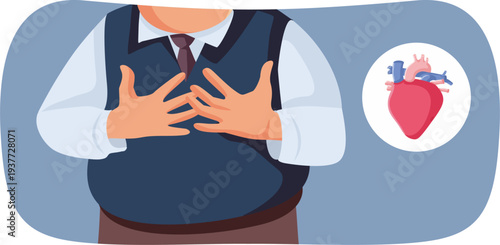 Middle Aged Person Suffering from Heart Problems Vector Illustration. Person having health problems that require emergency intervention