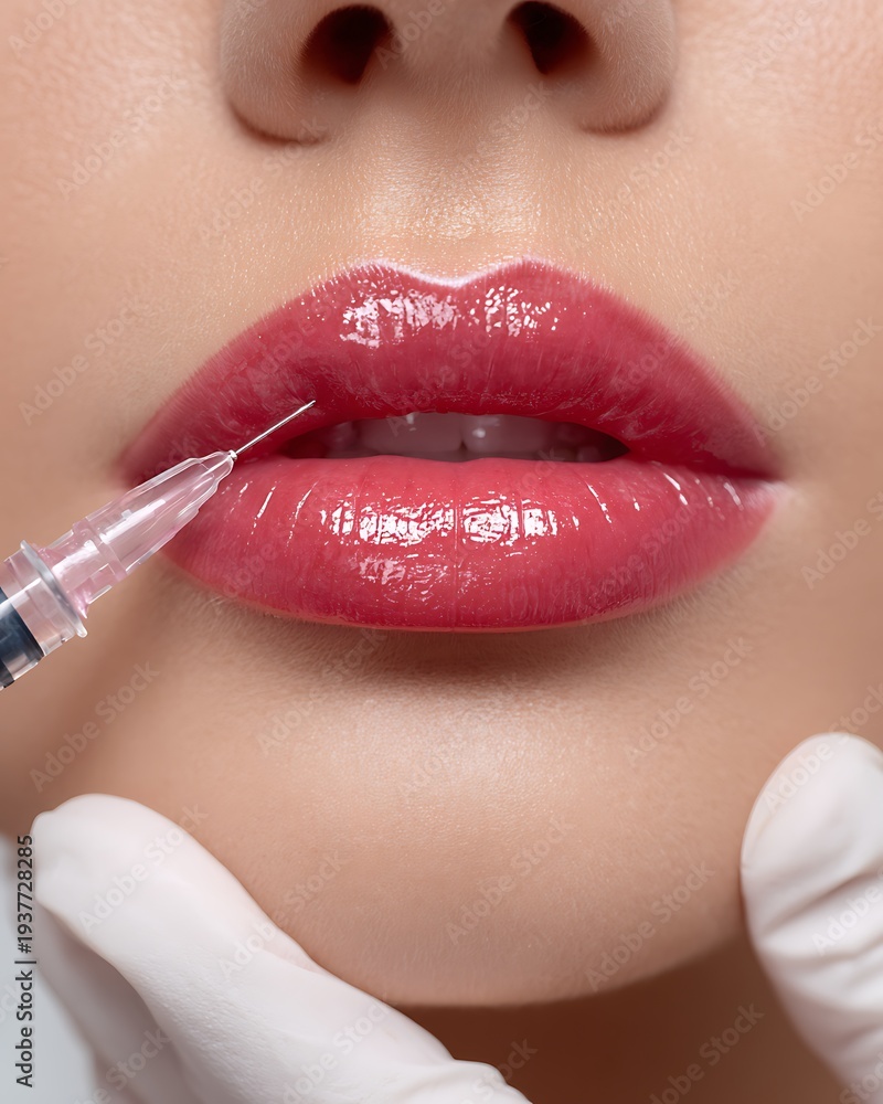 Naklejka premium Close-up medical aesthetic procedure injecting dermal filler into lips.