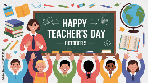 Happy teacher's day celebration with students and teacher in front of chalkboard