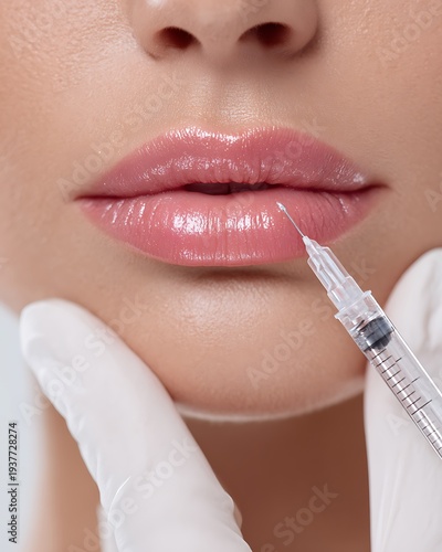 Close-up medical aesthetic procedure injecting dermal filler into lips.