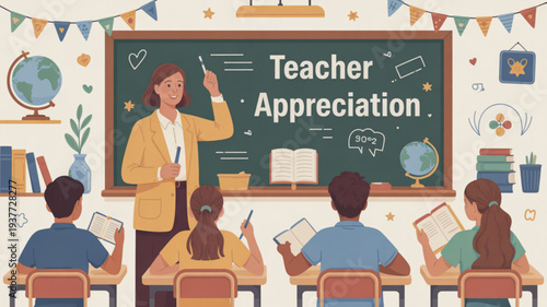 Teacher appreciation concept with a female educator standing in front of a classroom with students sitting at desks and a chalkboard