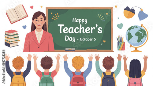 Teacher and students celebrate happy teacher's day on october 5 with colorful classroom decorations