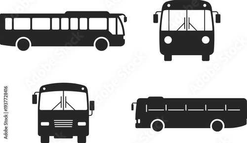 City bus silhouette icon collection showing public transport buses in front and side views isolated on light background for urban transportation design