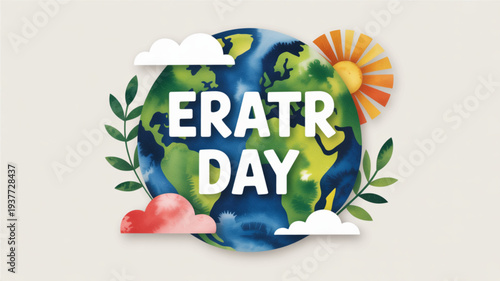 Earth day illustration with globe leaves clouds sun and heart symbolizing environmental conservation and sustainability