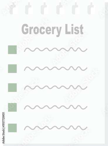 Minimalist grocery list vector illustration with a clean checklist layout on a notepad page. The design features green checkboxes and simple wavy placeholder lines representing items to buy.