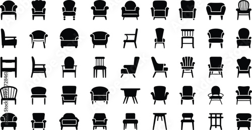 Collection of chair silhouettes featuring various furniture styles including armchairs, lounge chairs and wooden seats isolated on white background for interior design icons