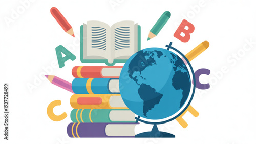Colorful illustration of a globe surrounded by books pencils and letters for education and learning