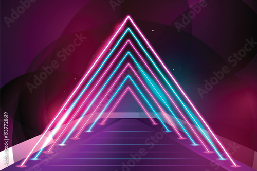 Futuristic color laser arrow shoots a gradient beam in pink, magenta, and teal, glowing with kinetic energy. 3D render illustration