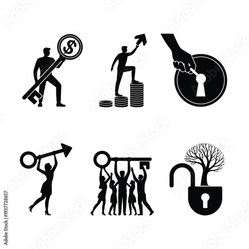 Black and white of people holding keys and locks