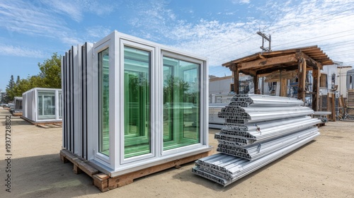 New windows stacked on pallets outdoors under a bright blue sky.