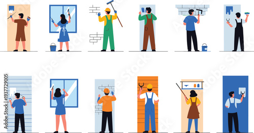 Collection of professional workers performing home renovation tasks, painters and cleaners in uniform working on house maintenance vector illustration isolated on white background,