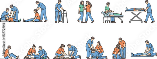 Collection of medical professionals providing first aid and emergency care, paramedics and nurses assisting patients vector illustration isolated on white background for design,