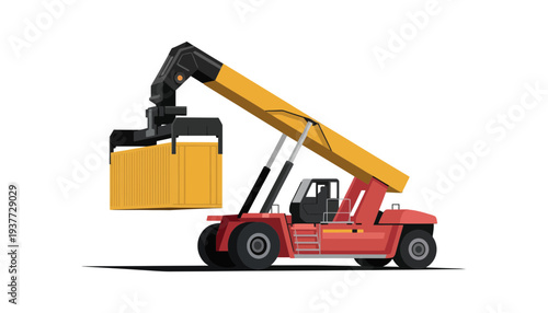 Forklift vector illustration lifting a yellow container on a white background