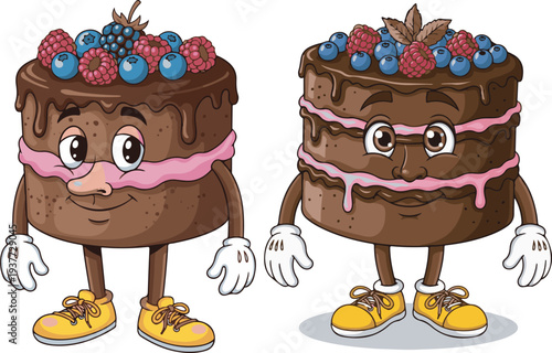 Two anthropomorphic chocolate layer cakes with berry toppings, cartoon characters with faces, arms, and legs, vector illustration for bakery and dessert themes