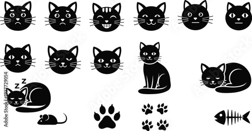 Cat Icon Set Featuring Various Feline Facial Expressions, Cute Kitty Emoticons, Sleeping Cats, Paw Prints, Mouse Toy, Fish Bone, and Black Silhouette Pets for Design