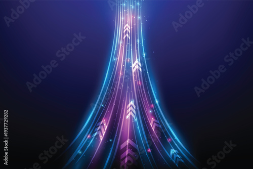 Futuristic color laser arrow shoots a gradient beam in pink, magenta, and teal, glowing with kinetic energy. 3D render illustration