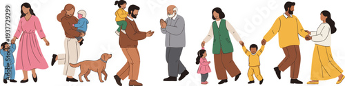 Diverse family illustration set featuring parents with children, elderly grandfather, mother holding baby, and happy couples walking together, isolated on white background