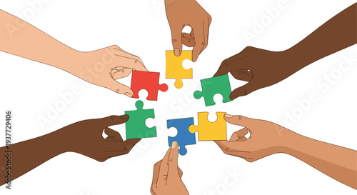 Diverse hands holding colorful puzzle pieces connecting together for teamwork concept, multiethnic group collaboration and unity business strategy vector illustration isolated on white.