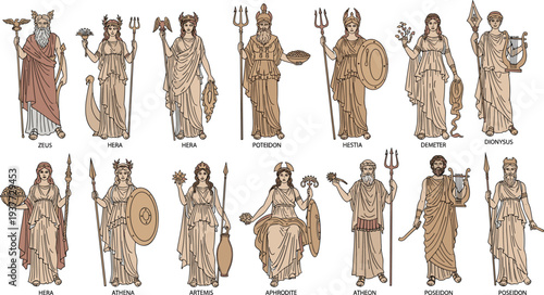 Greek gods and goddesses illustrations set including Zeus Hera Poseidon Athena and Aphrodite in classical ancient pottery style isolated on white background