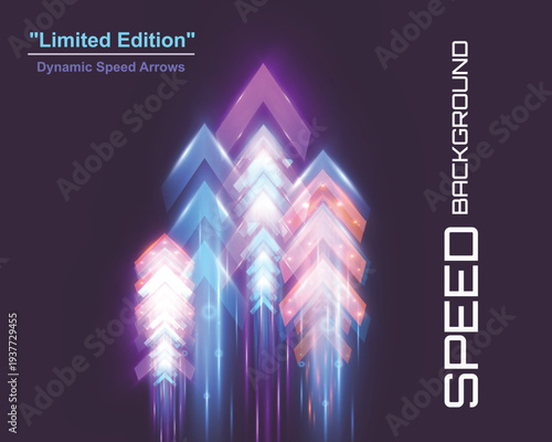 Futuristic color laser arrow shoots a gradient beam in pink, magenta, and teal, glowing with kinetic energy. 3D render illustration