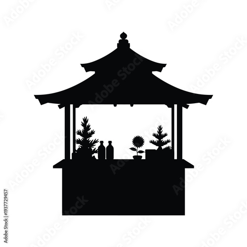 Black silhouette of a gazebo with plants and bottles inside
