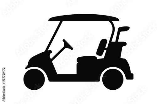 Black silhouette of a golf cart with two seats and a steering wheel