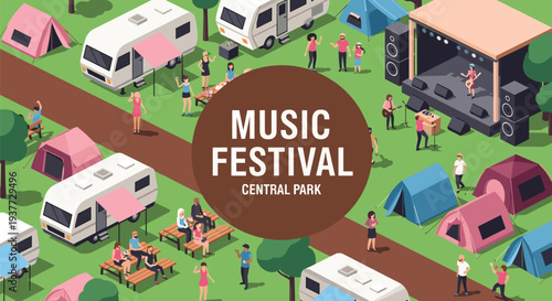 Isometric music festival in Central Park with people camping in tents, caravans parked on grass, live stage performance, and summer outdoor activities,