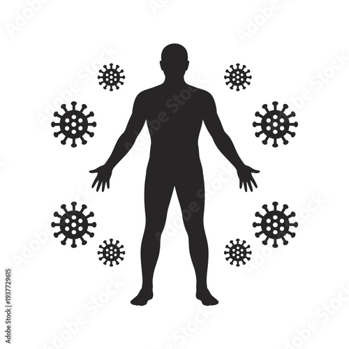 Black silhouette of a person surrounded by virus particles