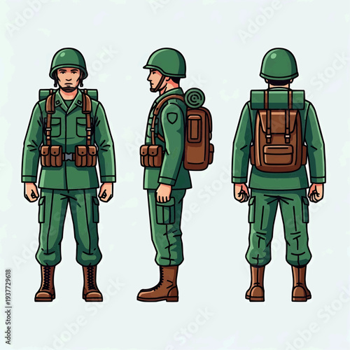 Military Soldier Character Set with Front Side and Back Views