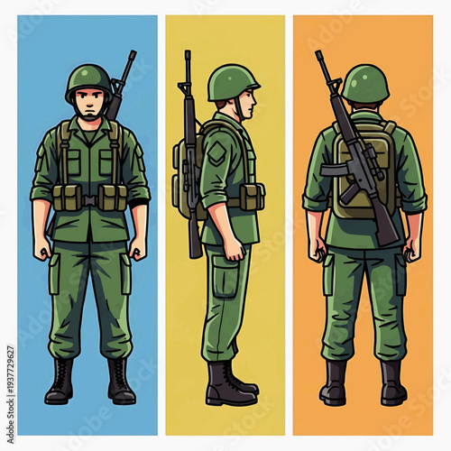 Full Length Military Soldier Illustration with Front Side Back View