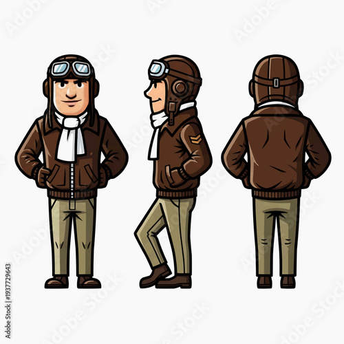 Cartoon Vintage Aviator Pilot Character Set with Three Views