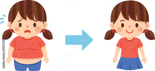 Child weight loss concept illustration showing overweight girl transforming into healthy happy child, kids fitness, diet improvement and lifestyle change concept
