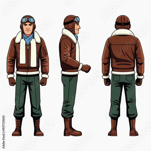 Vintage Aviator Pilot Character Set with Front Side Back View
