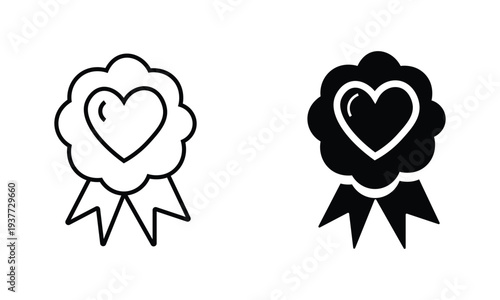 Customer loyalty reward badge and heart ribbon icon set. E-commerce top rated favorite symbol and employee recognition rosette. Vector UI glyphs.