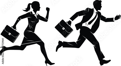 Businessman and businesswoman running with briefcases silhouette, busy professionals rushing to work, corporate deadline pressure, career competition and fast paced business lifestyle concept