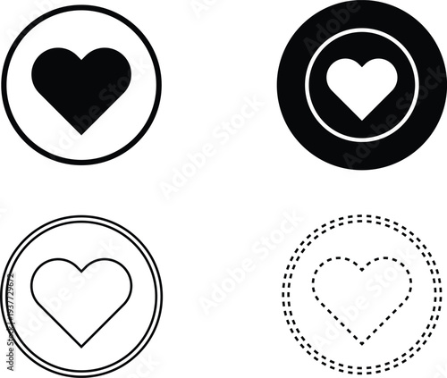 Heart Icon Set in Circular Buttons Solid, Outline and Dotted Monochrome Symbols for Web