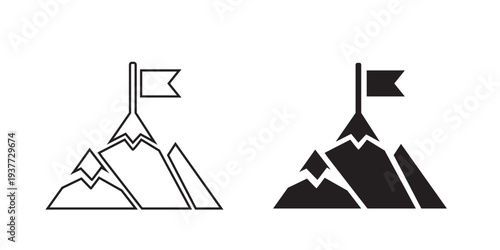 Project management milestone and mission objective icon set. Mountain summit with flag symbol for SaaS dashboards and corporate strategy. Vector UI glyphs.
