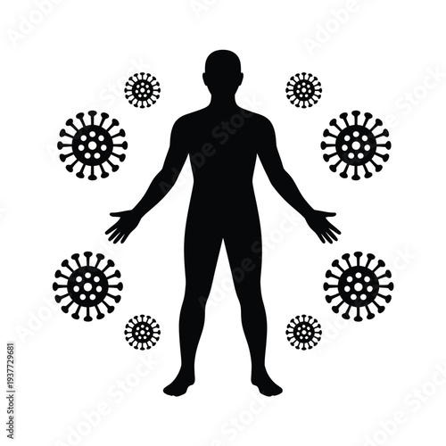Black silhouette of person surrounded by virus particles