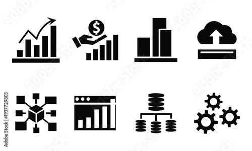 Data analytics and cloud computing icon set. Vector symbols for fintech dashboard, SEO web traffic, and server network infrastructure. Solid black UI glyphs.
