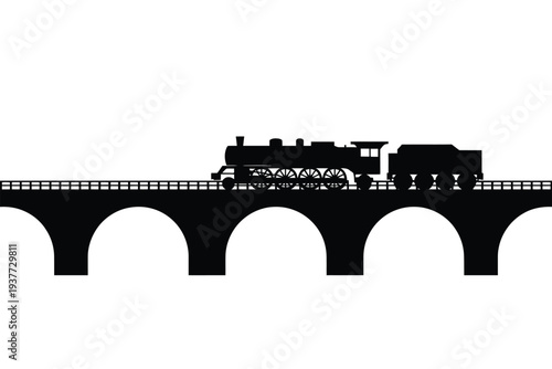 Black steam train crossing a bridge with arches white