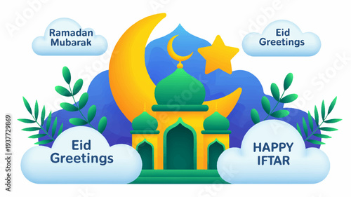 Vibrant eid mubarak greetings illustration with mosque crescent moon and stars on blue background