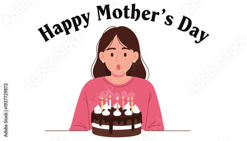 A cartoon woman celebrating Happy Mother's Day with a chocolate cake