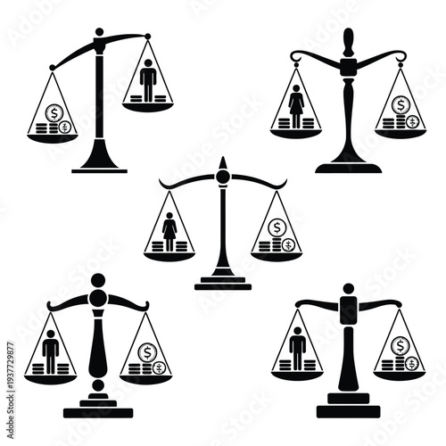 Five black and white balance scales with people and money symbols