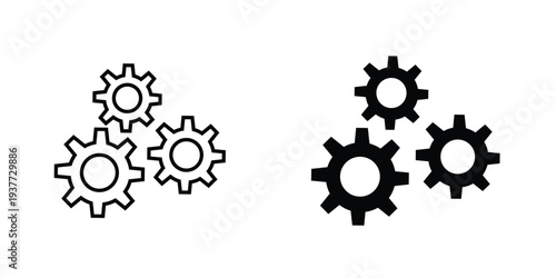 Gear settings icon set. Cogwheel mechanism and system configuration symbols. Outline and solid vector icons.