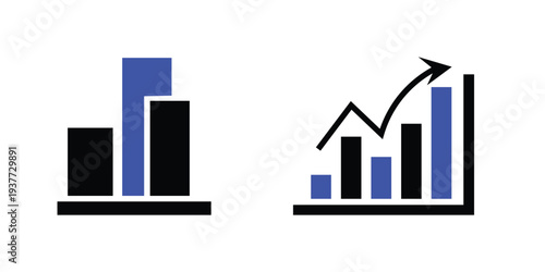Business growth chart icon set. Analytics graph and statistics bar chart symbols. Blue accent vector icons.