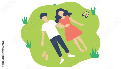 A couple lying on the grass in a peaceful outdoor setting