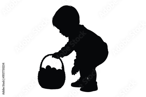 Silhouette of a child picking up eggs from a basket